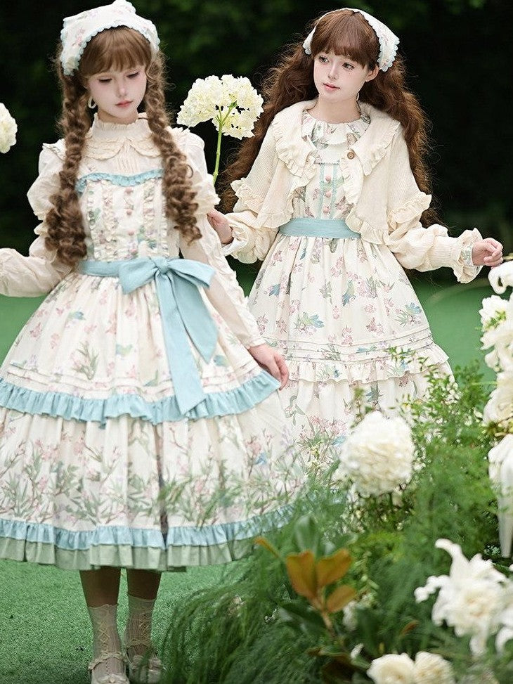 With PUJI Floral Bird Placement Print Ruffle Hem Women's Polyester Full Coordination Sets