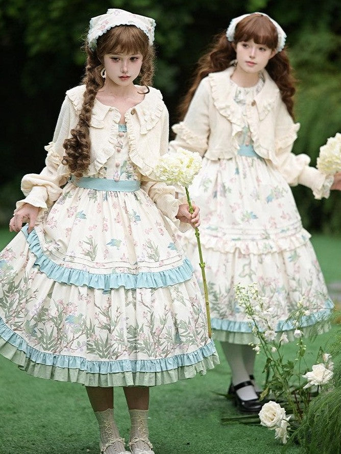 With PUJI Floral Bird Placement Print Ruffle Hem Women's Polyester Full Coordination Sets