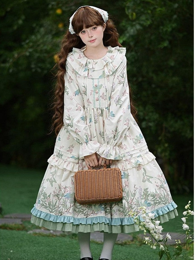 With PUJI Floral Bird Placement Print Ruffle Hem Women's Polyester Full Coordination Sets