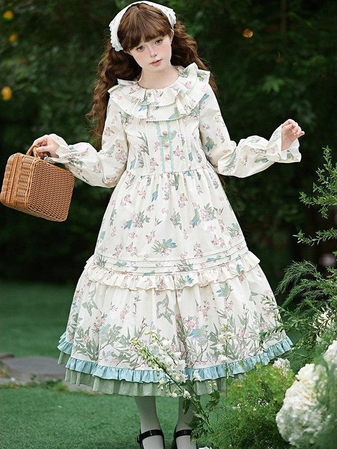 With PUJI Floral Bird Placement Print Ruffle Hem Women's Polyester Full Coordination Sets