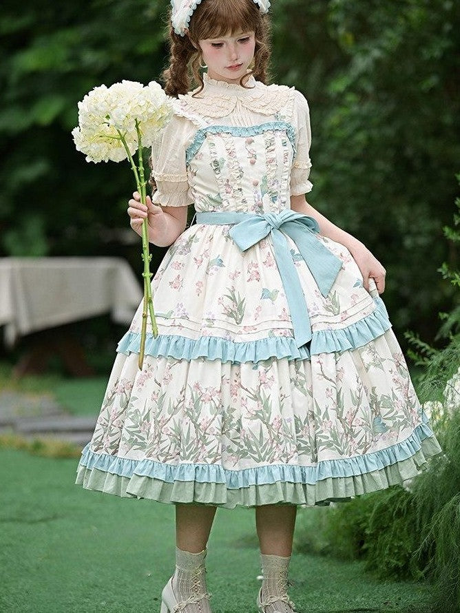 With PUJI Floral Bird Placement Print Ruffle Hem Women's Polyester Full Coordination Sets