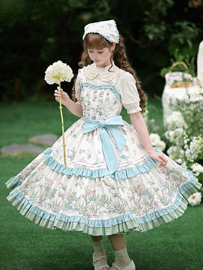 With PUJI Floral Bird Placement Print Ruffle Hem Women's Polyester Full Coordination Sets