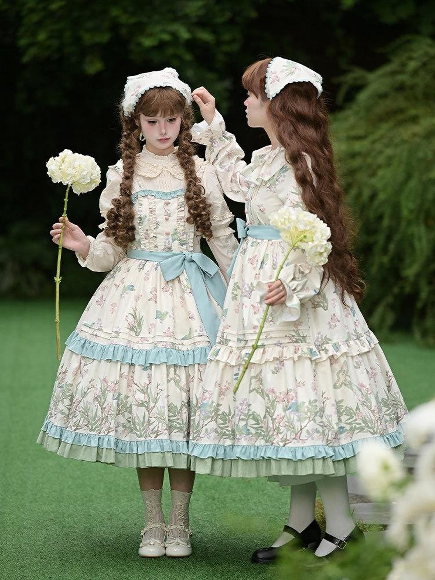 With PUJI Floral Bird Placement Print Ruffle Hem Women's Polyester Full Coordination Sets
