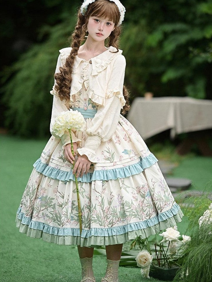With PUJI Floral Bird Placement Print Ruffle Hem Women's Polyester Full Coordination Sets