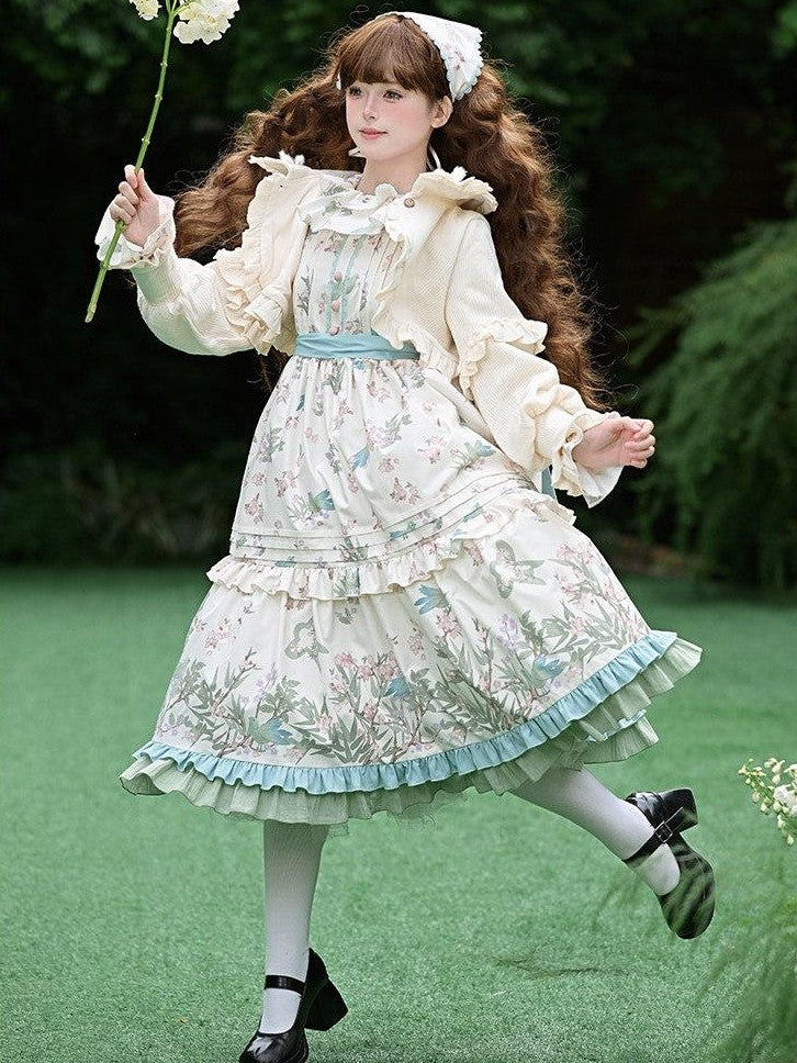 With PUJI Floral Bird Placement Print Ruffle Hem Women's Polyester Full Coordination Sets