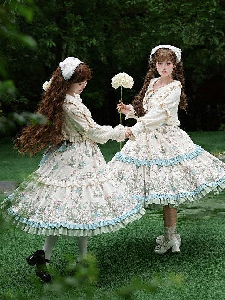 With PUJI Floral Bird Placement Print Ruffle Hem Women's Polyester Full Coordination Sets