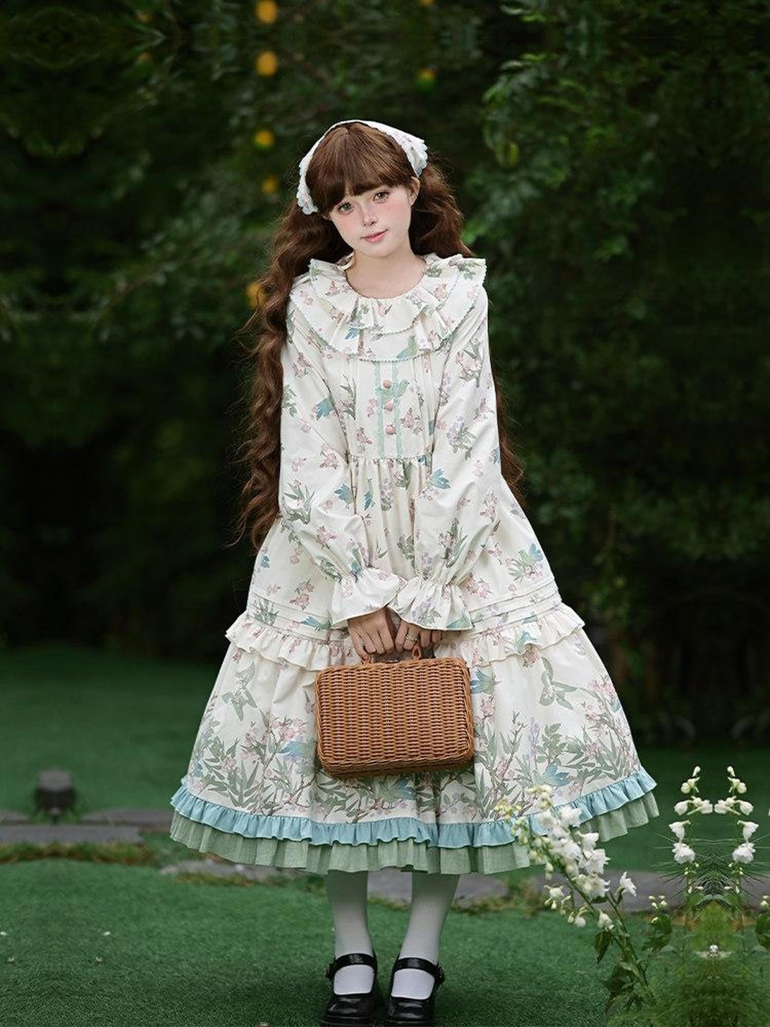 With PUJI Floral Bird Placement Print Ruffle Hem Women's Polyester Full Coordination Sets