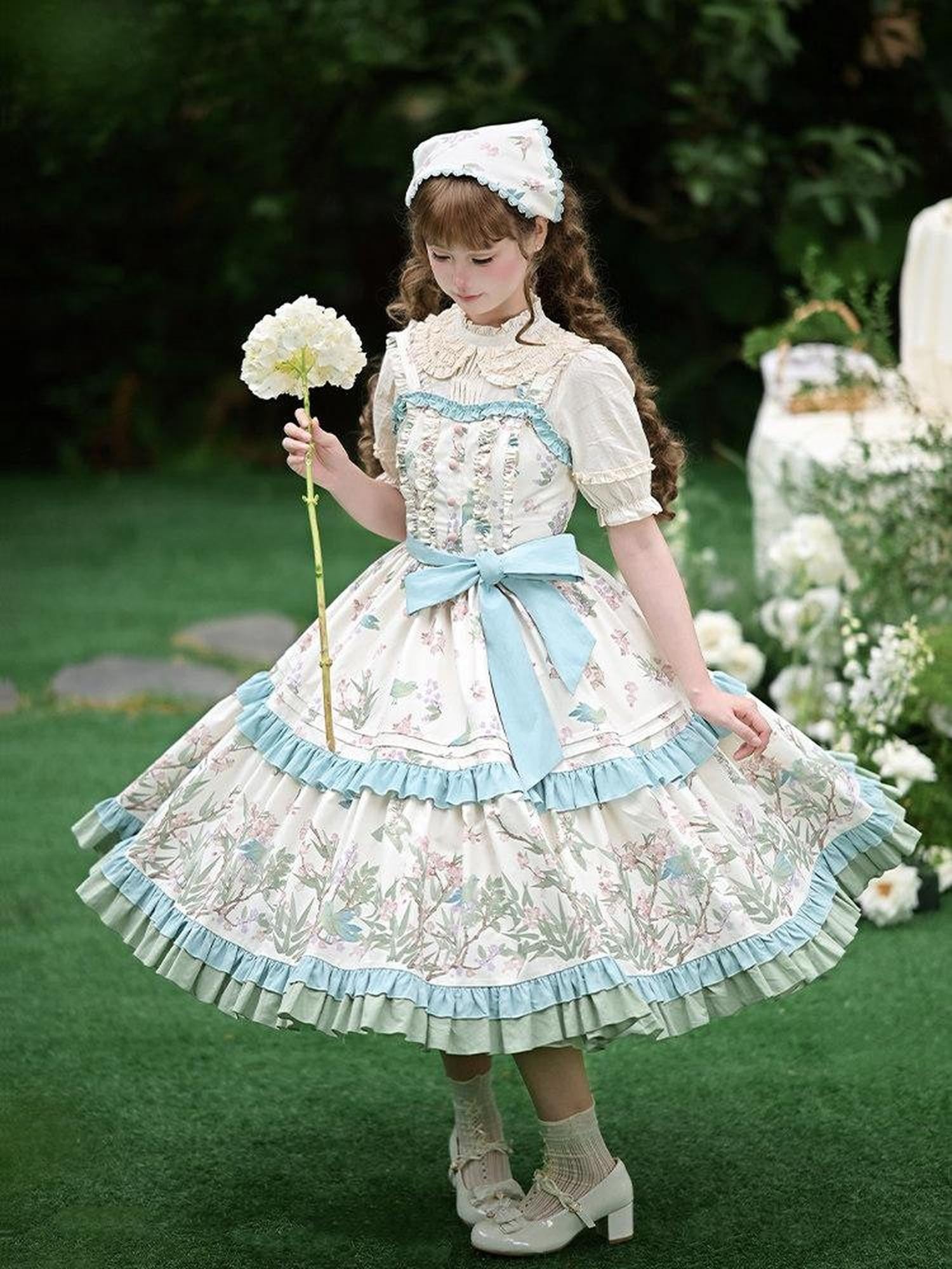 With PUJI Floral Bird Placement Print Ruffle Hem Women's Polyester Full Coordination Sets