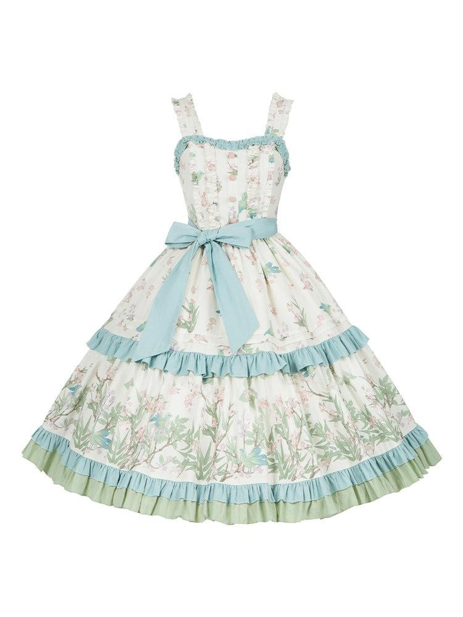 With PUJI Floral Bird Placement Print Ruffle Hem Women's Polyester Full Coordination Sets