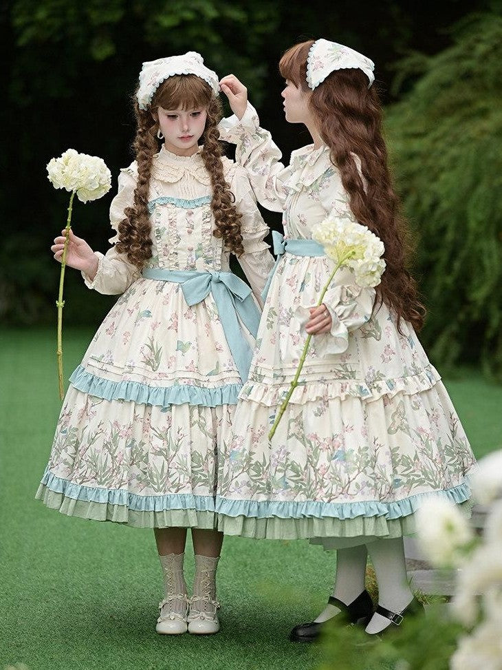 With PUJI Floral Bird Placement Print Ruffle Hem Women's Polyester Full Coordination Sets