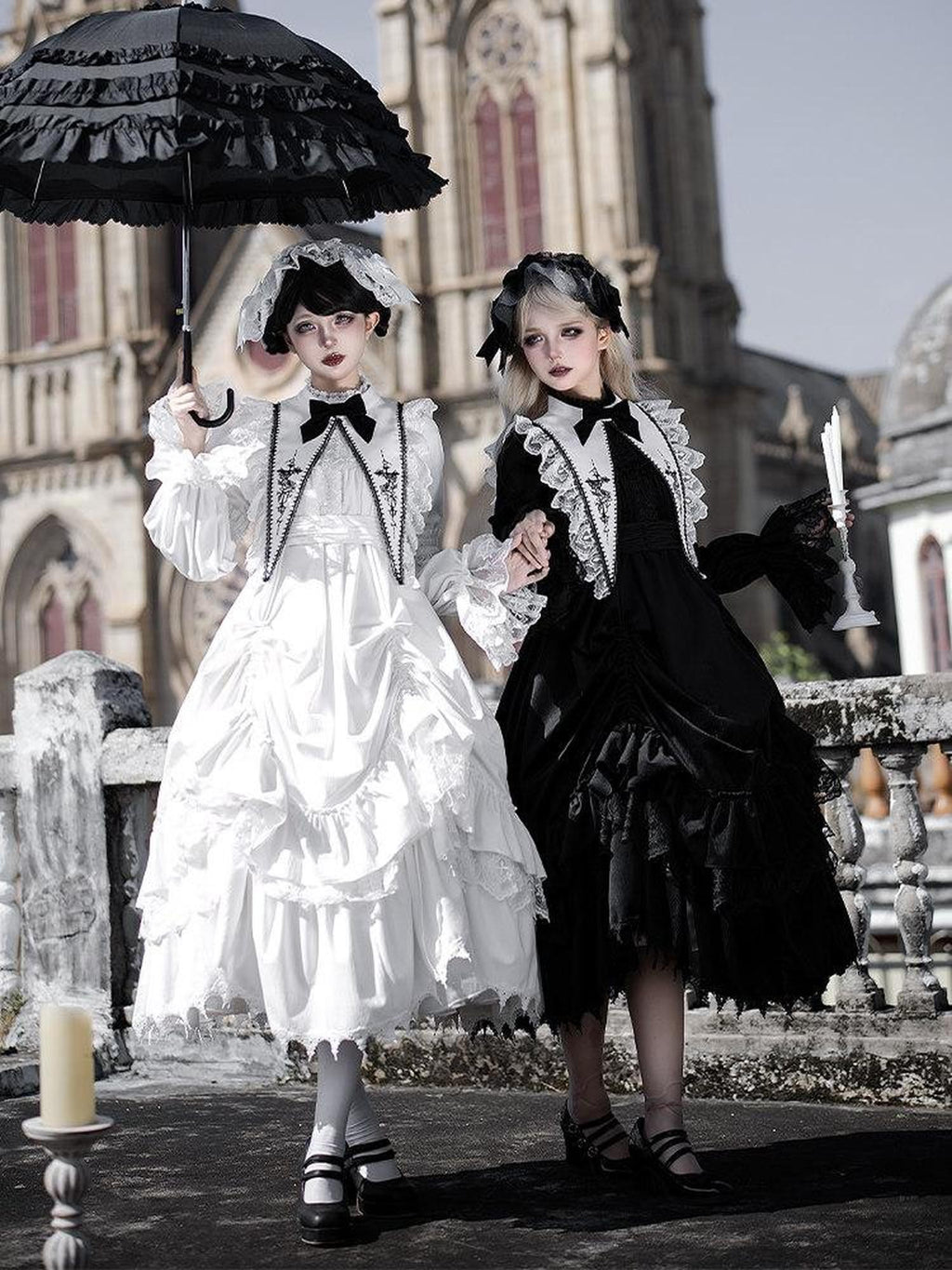 With PUJI Goth Doll Rose Embroidery Drawstring Hem Faux Collar Bow Women's Long Sleeve Op