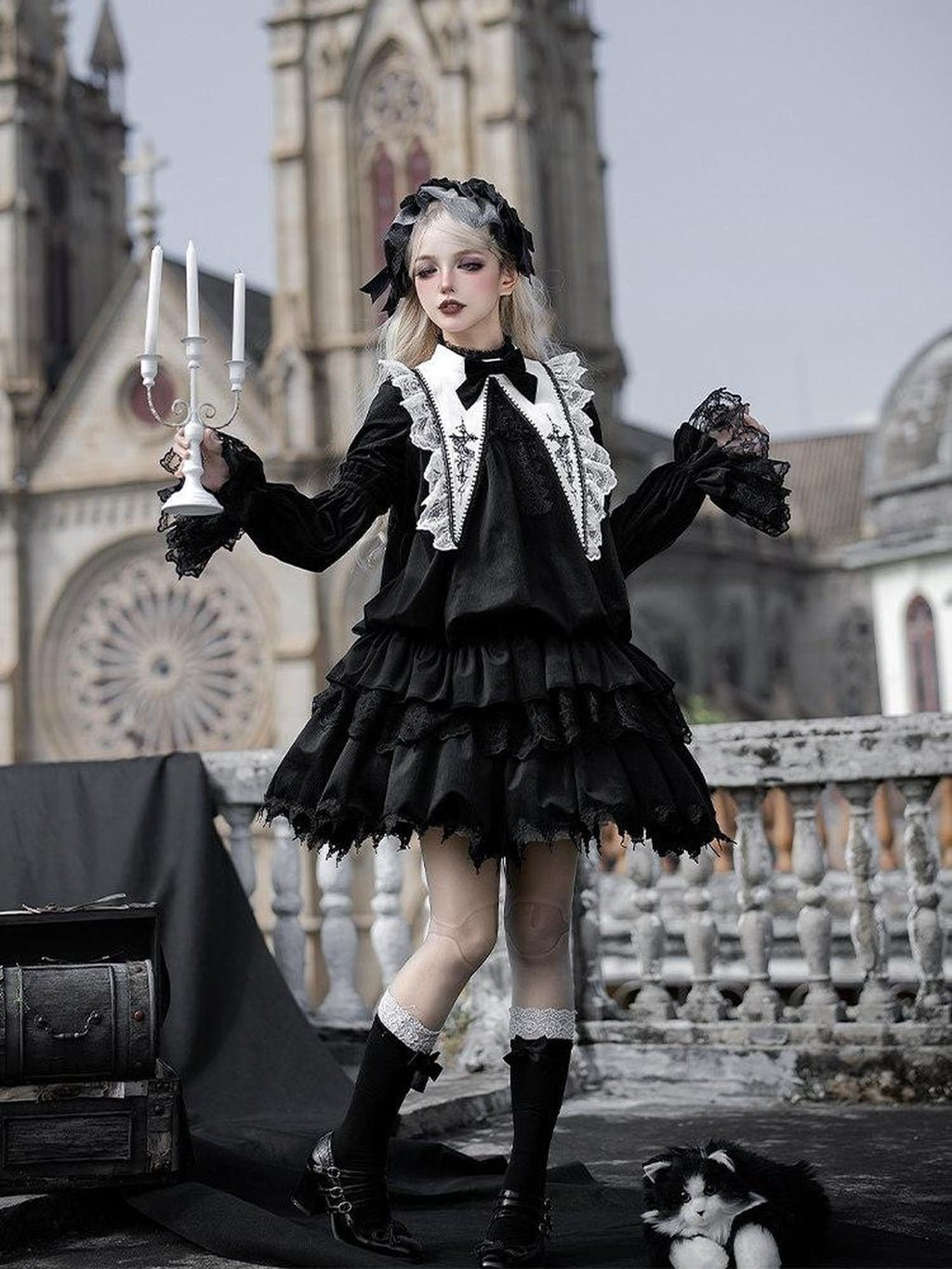 With PUJI Goth Doll Rose Embroidery Drawstring Hem Faux Collar Bow Women's Long Sleeve Op