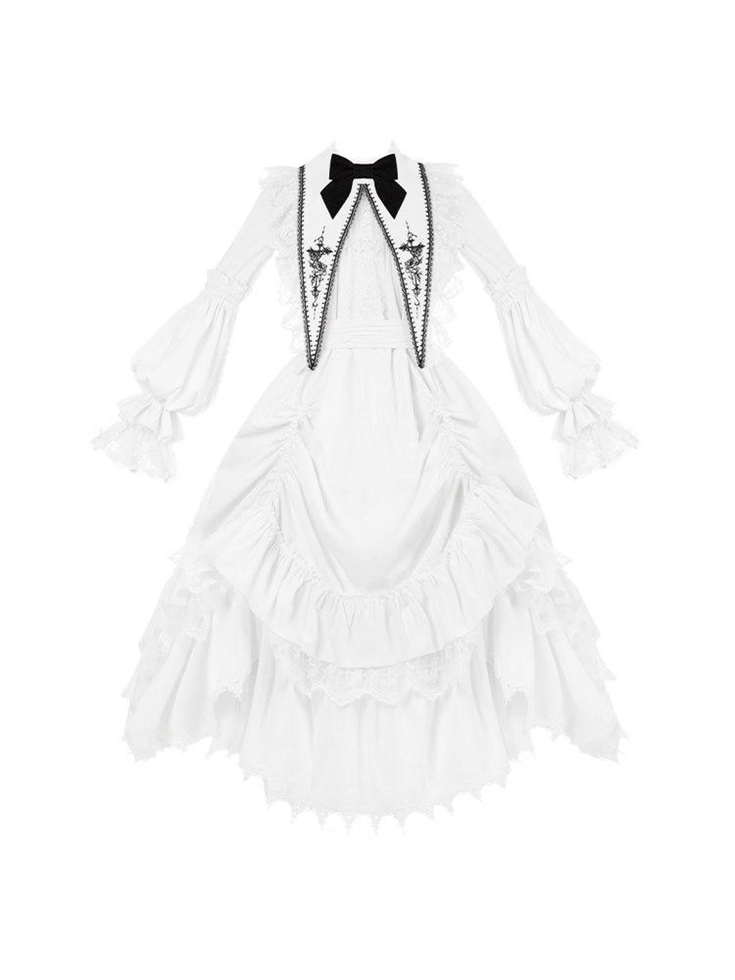 With PUJI Goth Doll Rose Embroidery Drawstring Hem Faux Collar Bow Women's Long Sleeve Op