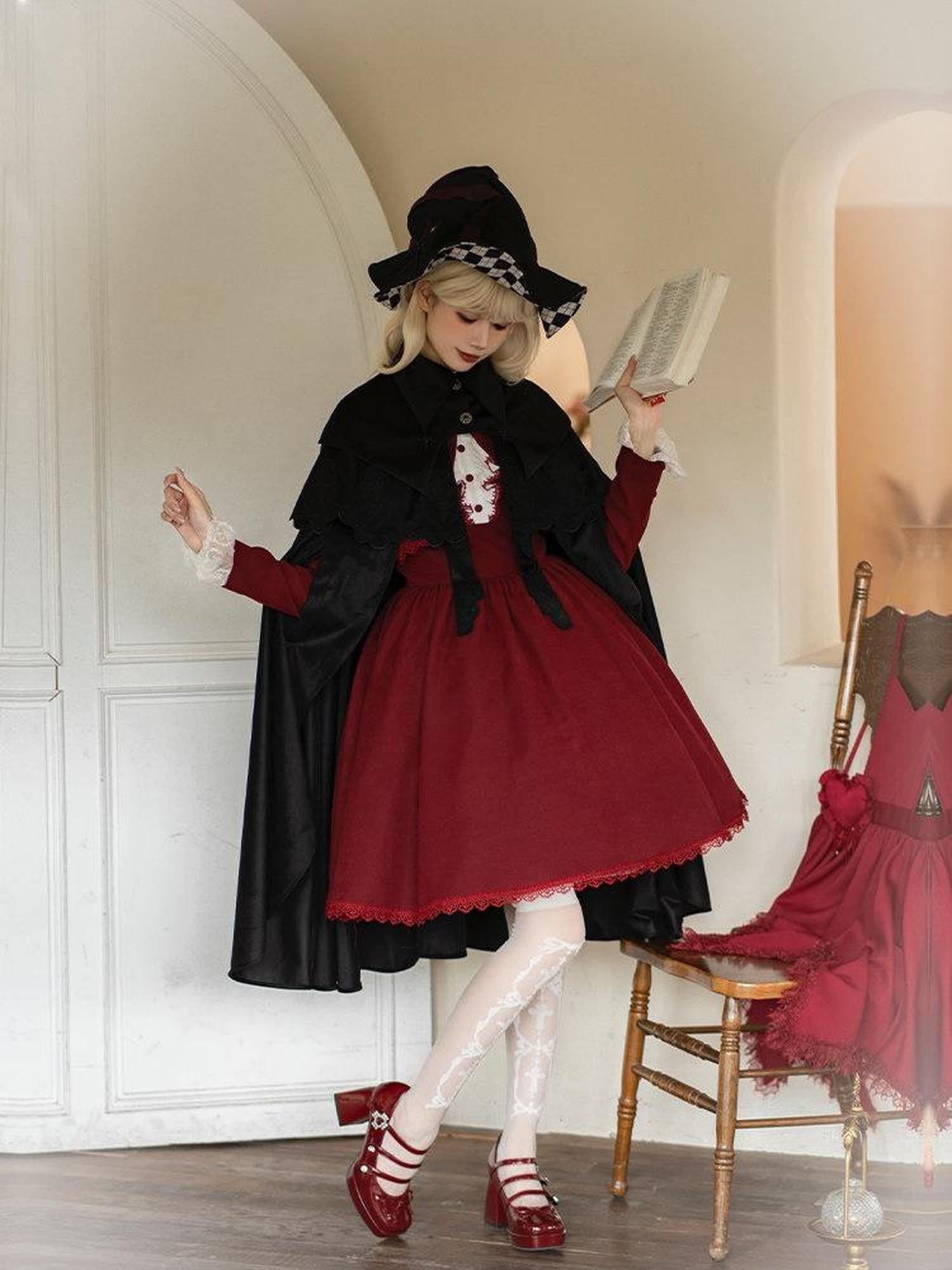 With PUJI Gothic Lolita Detachable Two Piece Lapel Long Sleeve Women's Long Cloaks