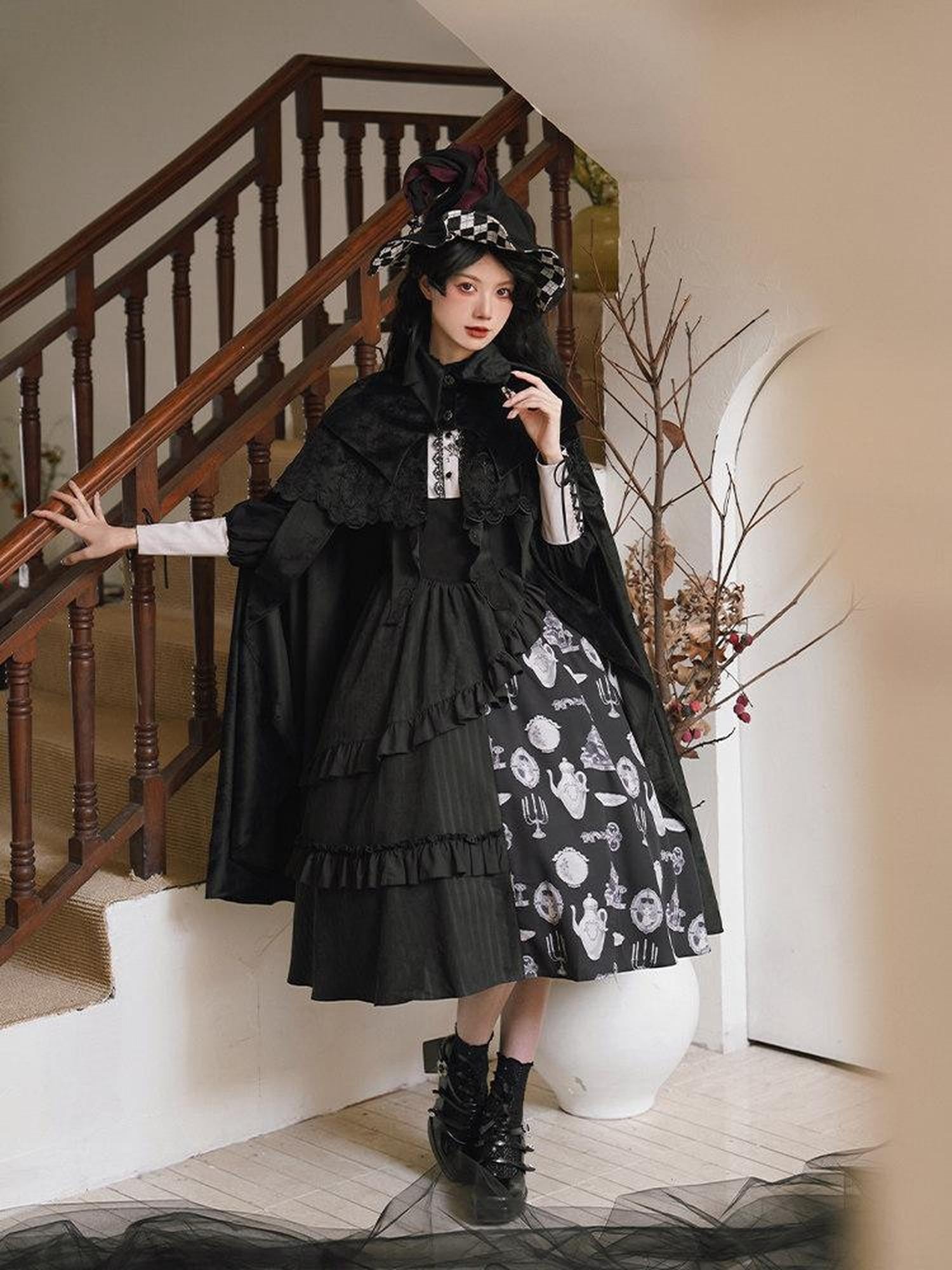 With PUJI Gothic Lolita Detachable Two Piece Lapel Long Sleeve Women's Long Cloaks