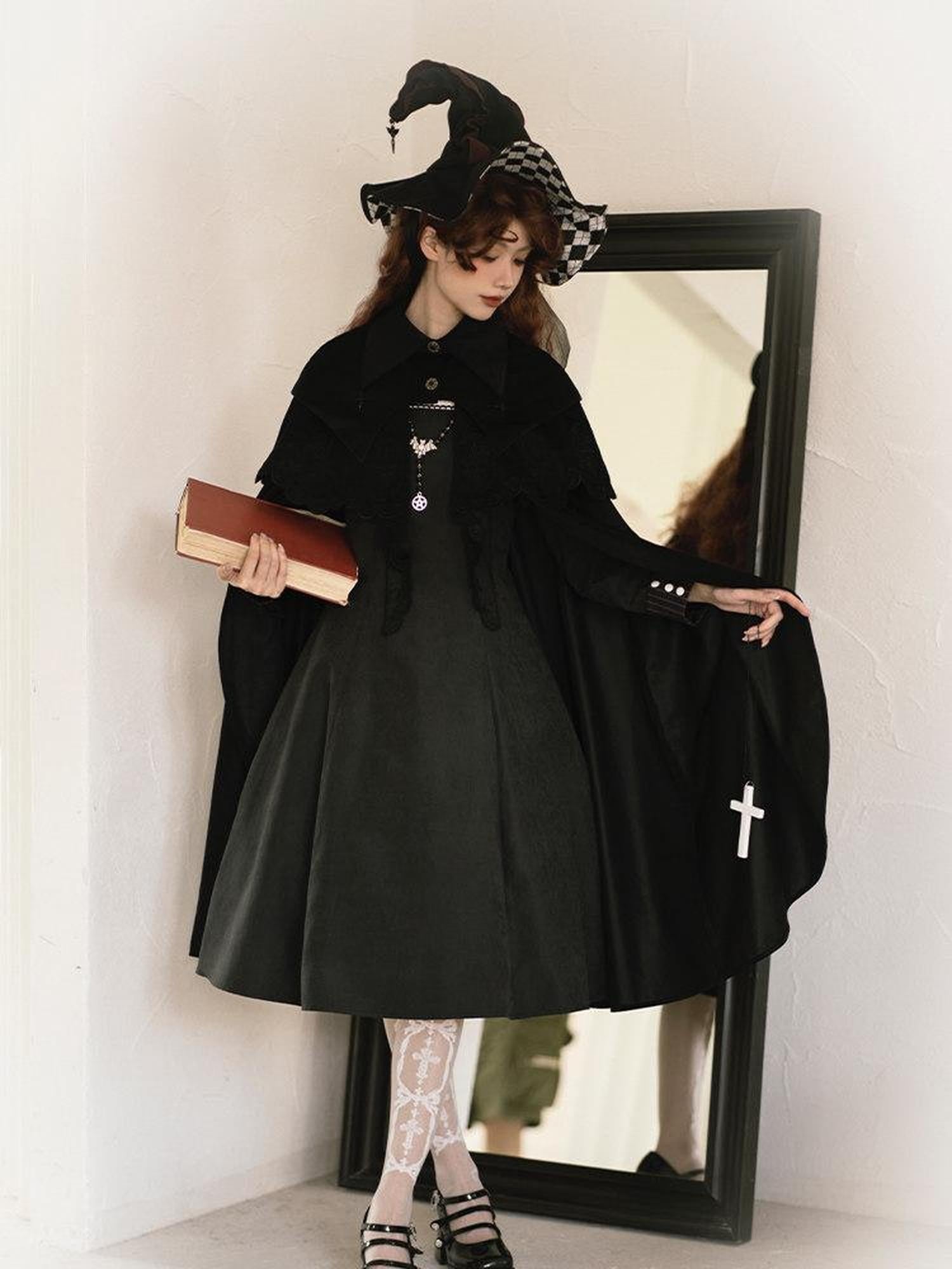 With PUJI Gothic Lolita Detachable Two Piece Lapel Long Sleeve Women's Long Cloaks