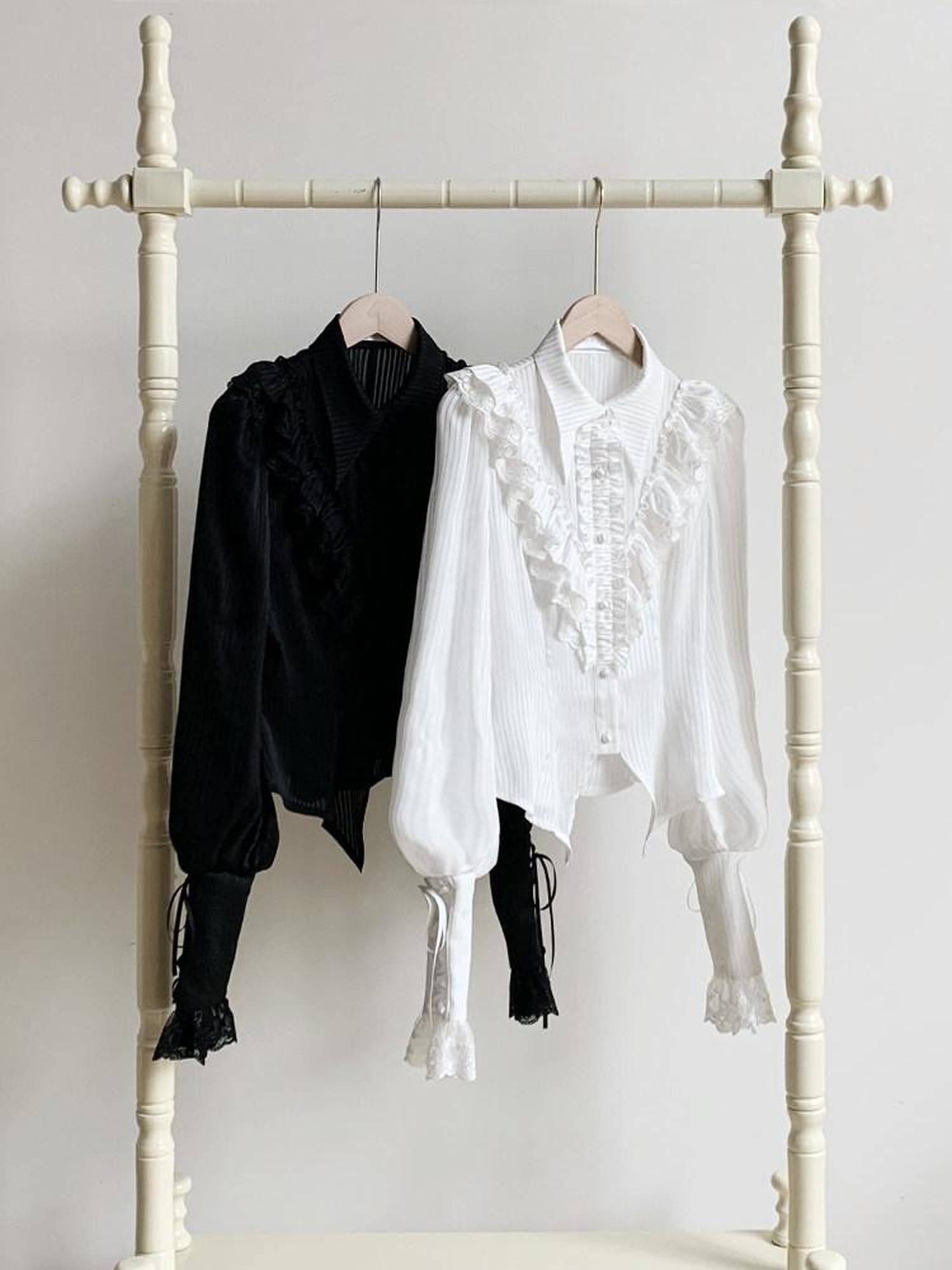 With PUJI Gothic Lolita Lantern Sleeve Turn Down Collar Women's Long Sleeve Blouses