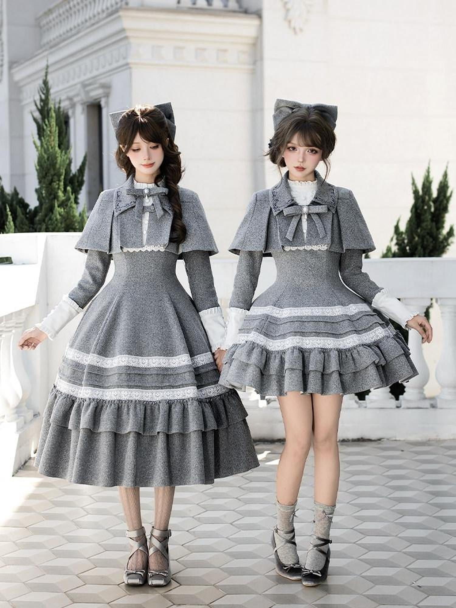 With PUJI Gray Ruffle Trim Embroidered Cape Bow Brooch Women's Long Sleeve Op