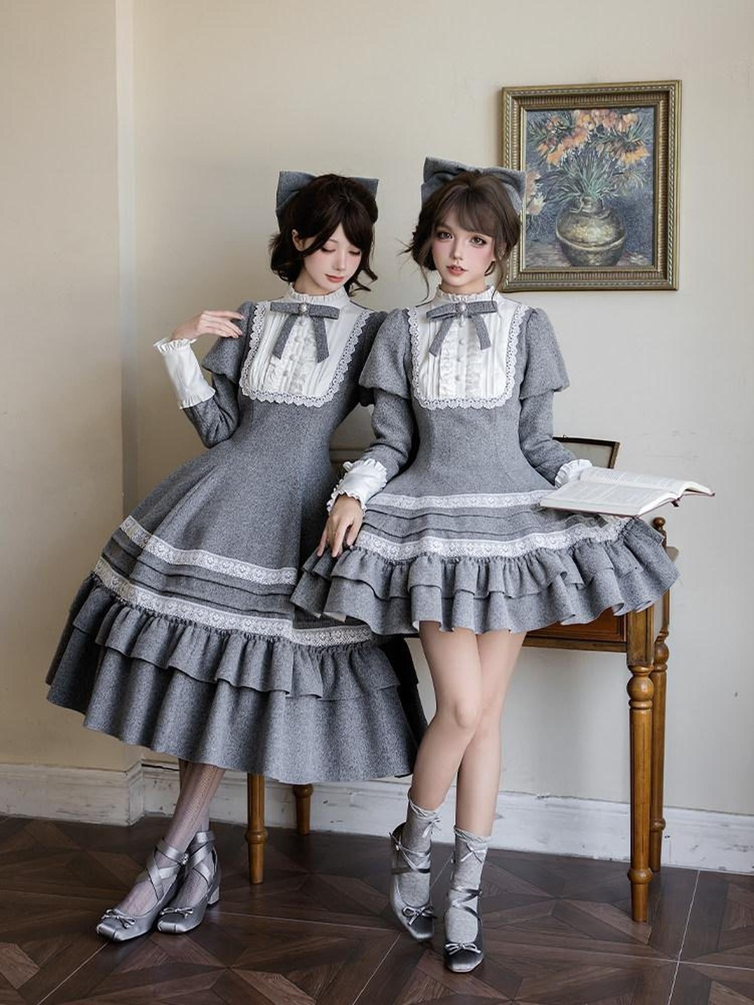 With PUJI Gray Ruffle Trim Embroidered Cape Bow Brooch Women's Long Sleeve Op