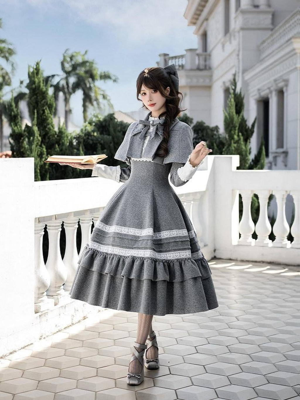 With PUJI Gray Ruffle Trim Embroidered Cape Bow Brooch Women's Long Sleeve Op