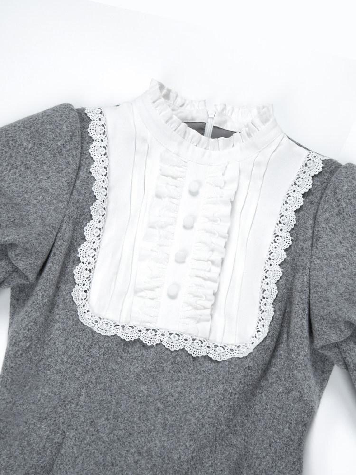 With PUJI Gray Ruffle Trim Embroidered Cape Bow Brooch Women's Long Sleeve Op
