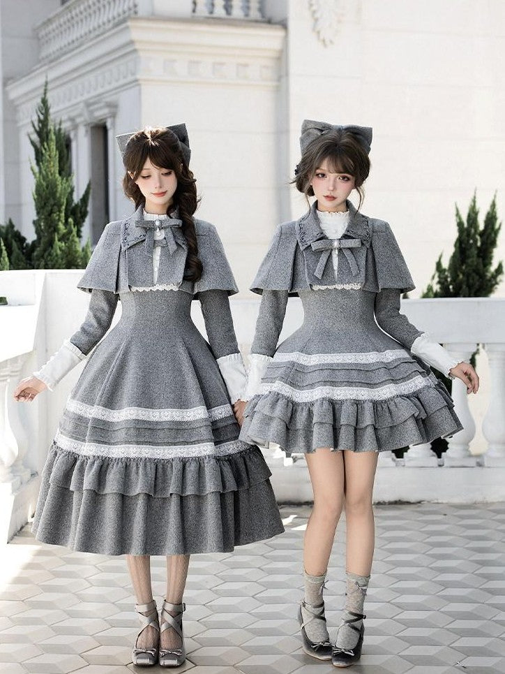 With PUJI Gray Ruffle Trim Embroidered Cape Bow Brooch Women's Long Sleeve Op