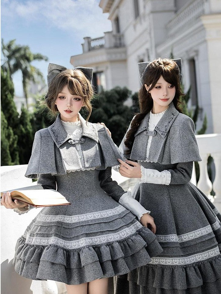 With PUJI Gray Ruffle Trim Embroidered Cape Bow Brooch Women's Long Sleeve Op
