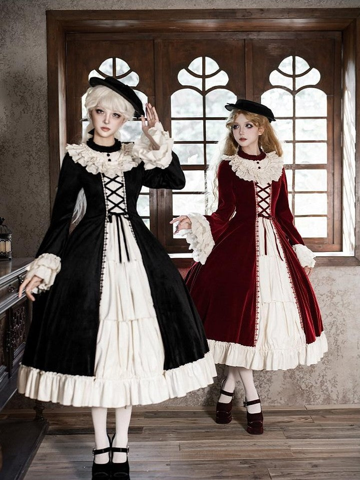 With PUJI Lace Stand Collar Ruffle Trim Open Front Women's Long Sleeve Op