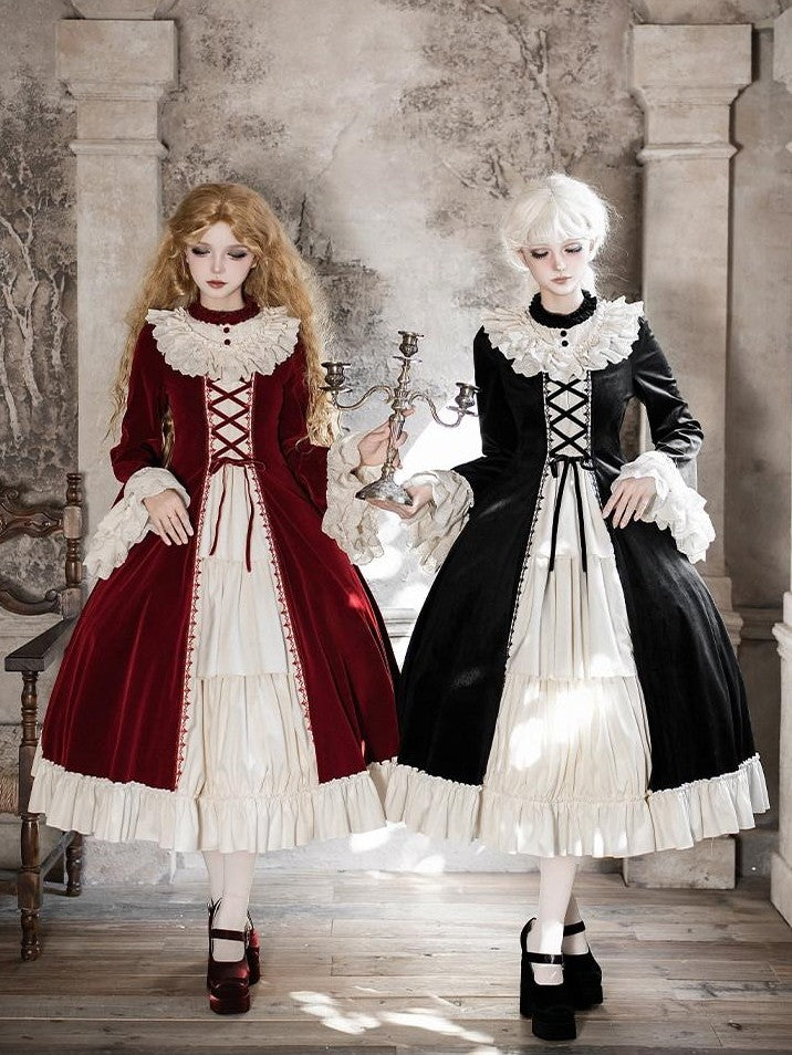 With PUJI Lace Stand Collar Ruffle Trim Open Front Women's Long Sleeve Op
