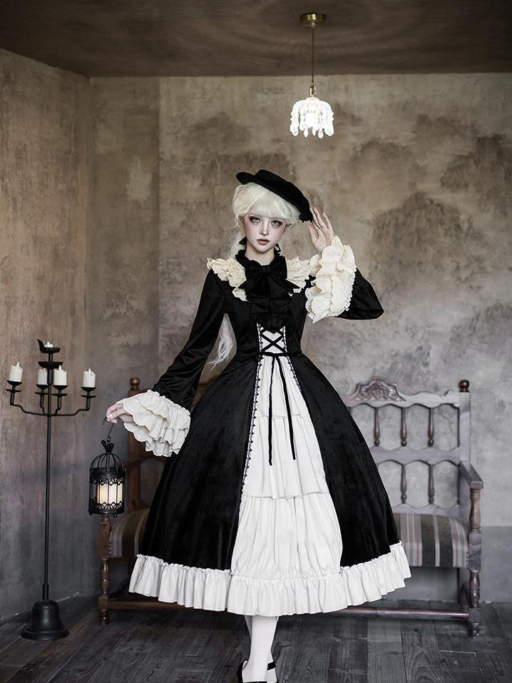 With PUJI Lace Stand Collar Ruffle Trim Open Front Women's Long Sleeve Op