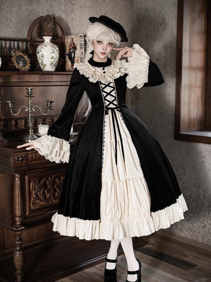 With PUJI Lace Stand Collar Ruffle Trim Open Front Women's Long Sleeve Op
