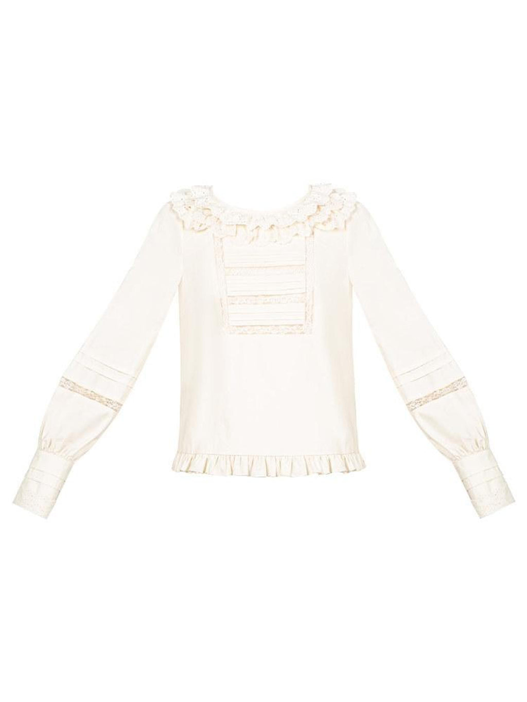 With PUJI Lace Trim Two Tone Small Round Collar Women's Long Sleeve Blouses