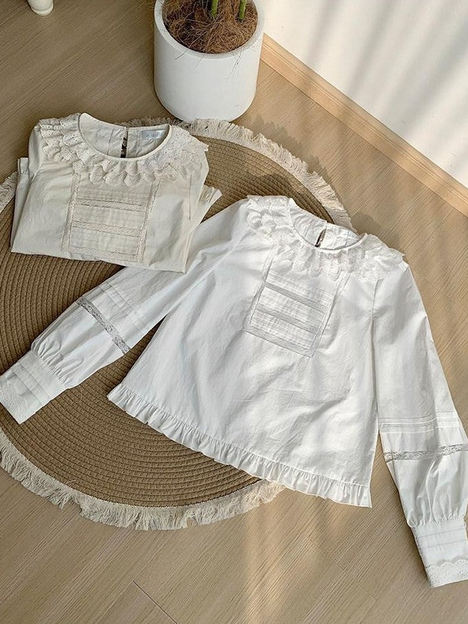 With PUJI Lace Trim Two Tone Small Round Collar Women's Long Sleeve Blouses