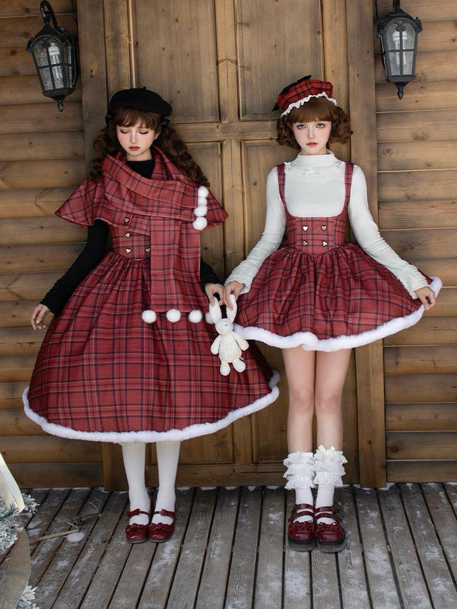 With PUJI Long Short Fishbone Bust Cape Twin Lolita Women's Full Coordination Sets