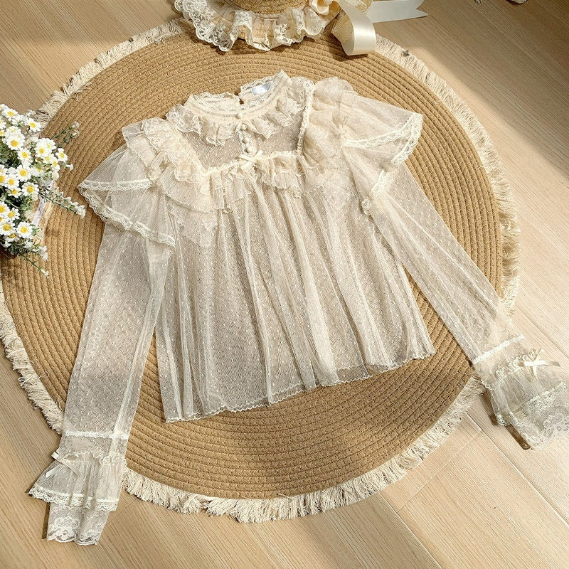 With_PUJI_Misty_Tricolor_Dotted_Tulle_Lace_Women's_Lightweight_Long_Sleeve_Blouses_905049780614_MISSTT
