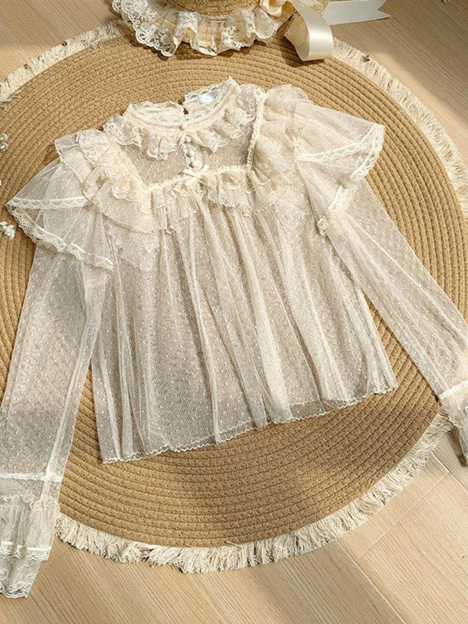 With PUJI Misty Tricolor Dotted Tulle Lace Women's Lightweight Long Sleeve Blouses