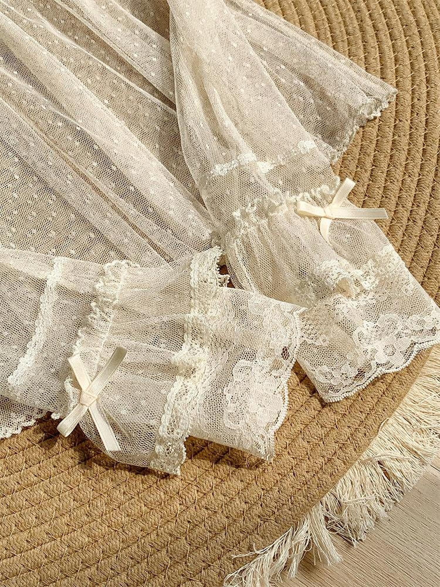 With PUJI Misty Tricolor Dotted Tulle Lace Women's Lightweight Long Sleeve Blouses