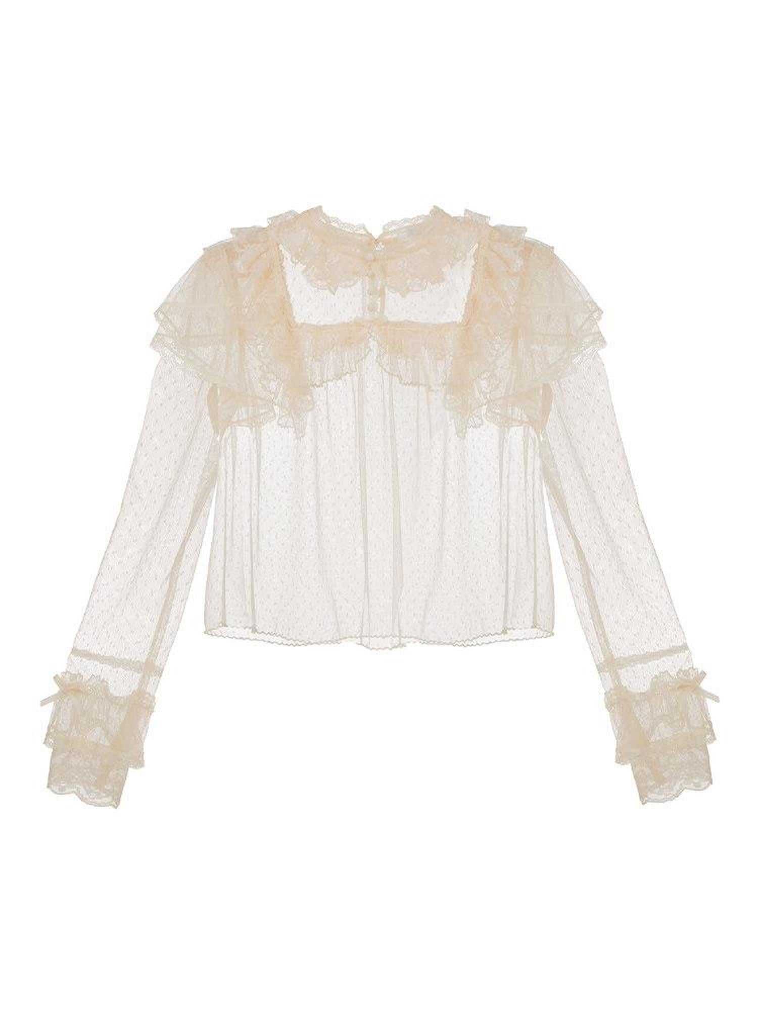 With PUJI Misty Tricolor Dotted Tulle Lace Women's Lightweight Long Sleeve Blouses