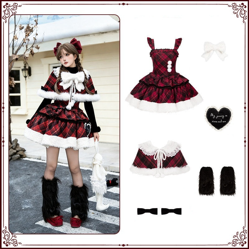 With_PUJI_Red_Black_Three_Tier_Plaid_Bow_Brooch_Fleece_Shawl_Women's_Jsk_Sets_998902576569_MISSTT