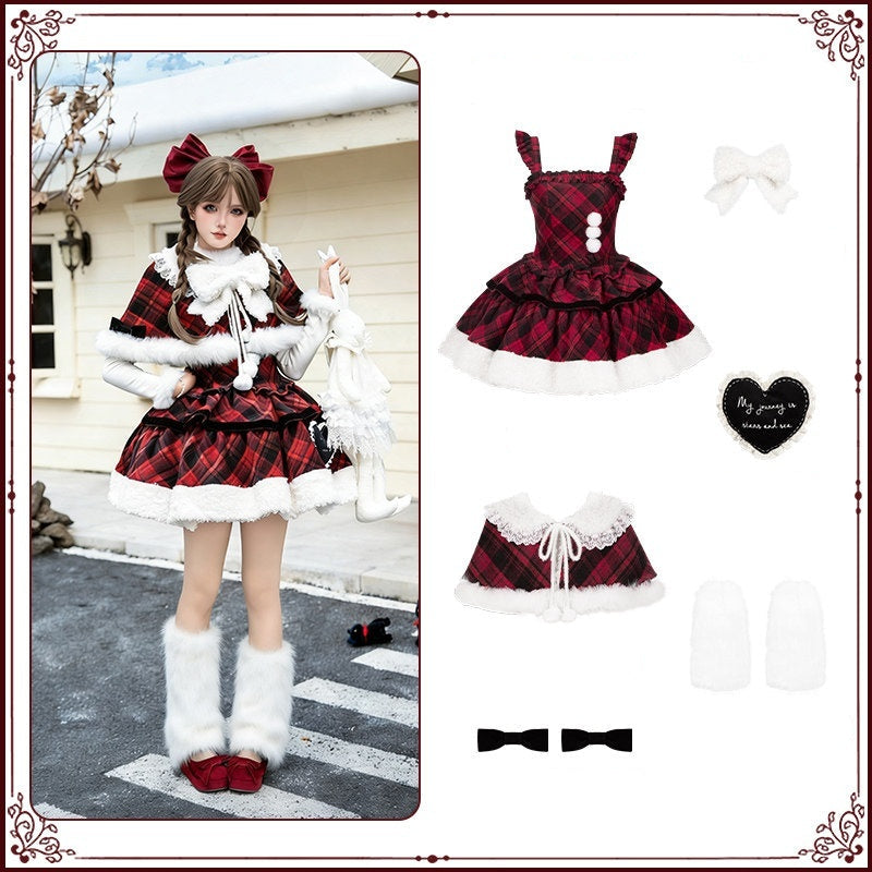 With_PUJI_Red_Black_Three_Tier_Plaid_Bow_Brooch_Fleece_Shawl_Women's_Jsk_Sets_998902576569_MISSTT