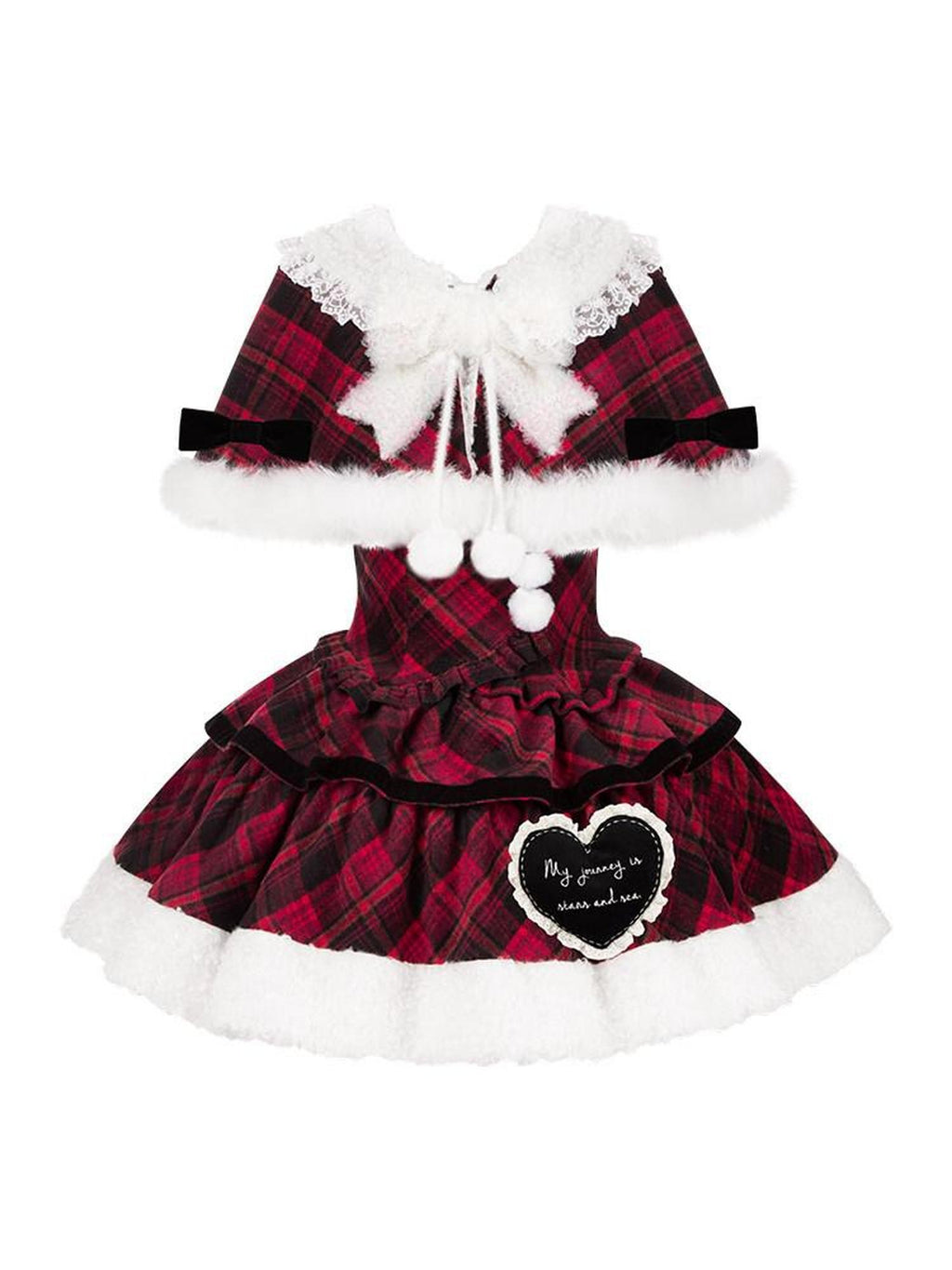 With PUJI Red Black Three Tier Plaid Bow Brooch Fleece Shawl Women's Jsk Sets