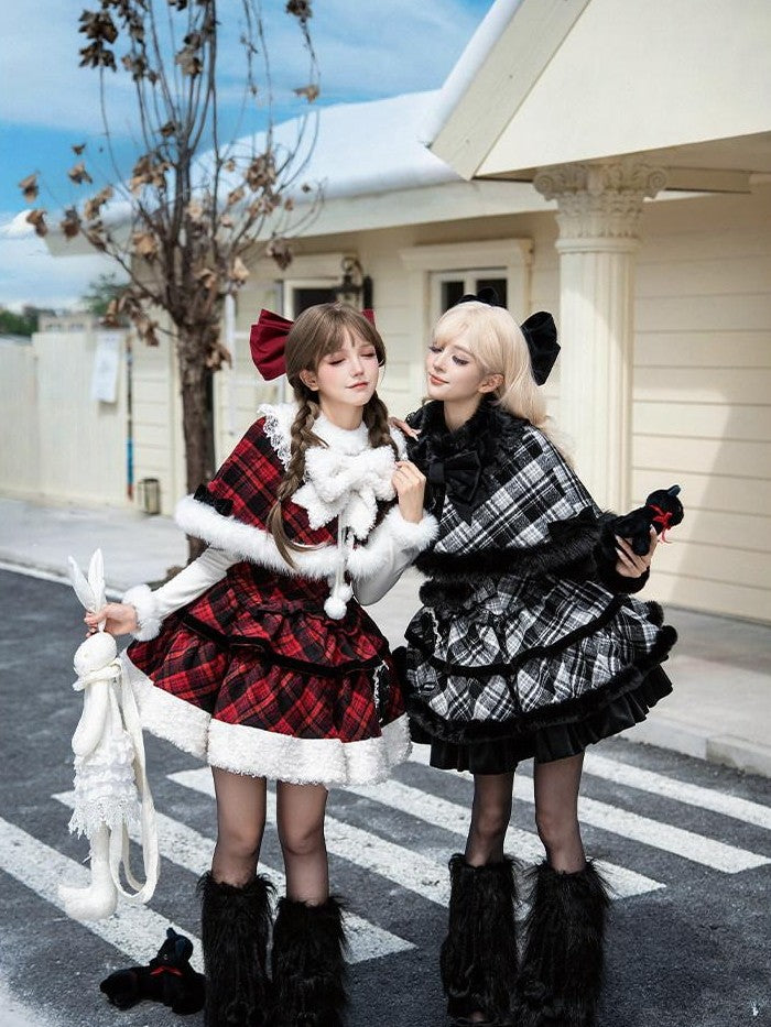 With PUJI Red Black Three Tier Plaid Bow Brooch Fleece Shawl Women's Jsk Sets