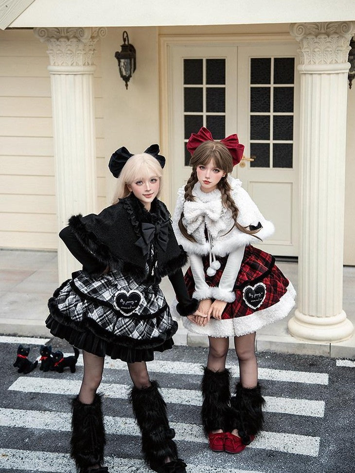 With PUJI Red Black Three Tier Plaid Bow Brooch Fleece Shawl Women's Jsk Sets
