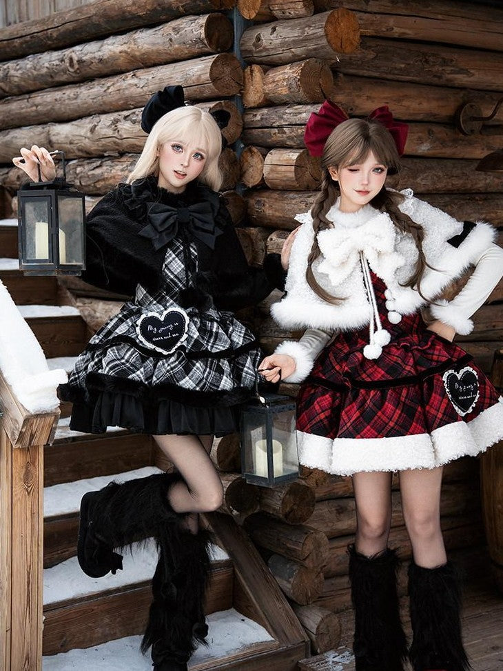 With PUJI Red Black Three Tier Plaid Bow Brooch Fleece Shawl Women's Jsk Sets