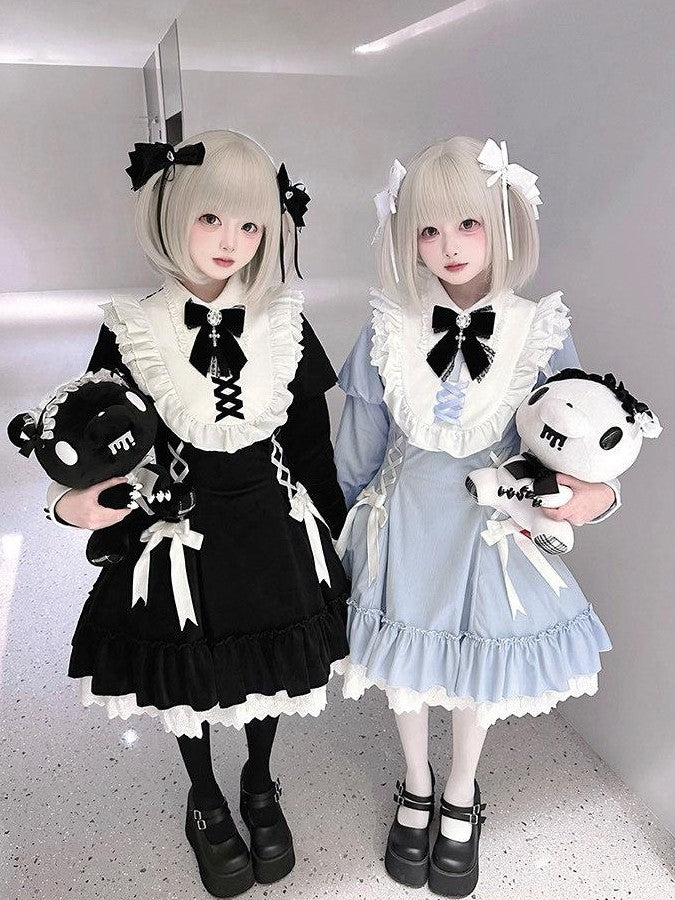 With PUJI Ruffle Trim Bow Accent Original Design Women's Velvet Long Sleeve Op