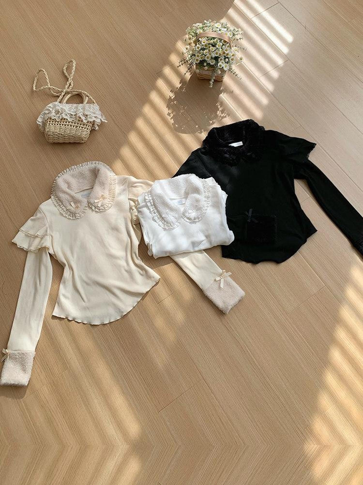 With PUJI Sweet Three Tone Slight Stretch Brushed Velvet Knit Women's Long Sleeve Cutsews