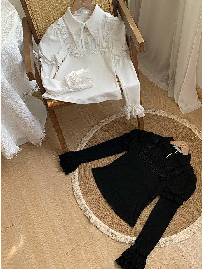 With PUJI Two Tone Pointed Collar Stretch Knit Women's Warm Inner Long Sleeve Cutsews