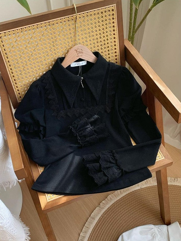 With PUJI Two Tone Pointed Collar Stretch Knit Women's Warm Inner Long Sleeve Cutsews