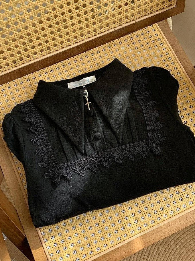 With PUJI Two Tone Pointed Collar Stretch Knit Women's Warm Inner Long Sleeve Cutsews