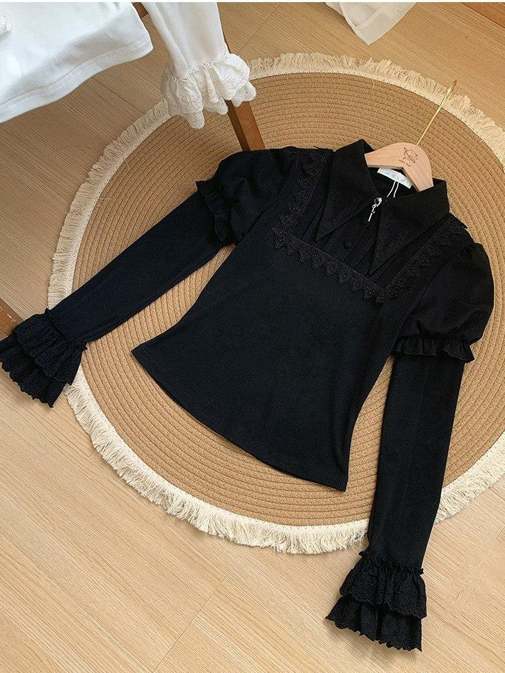 With PUJI Two Tone Pointed Collar Stretch Knit Women's Warm Inner Long Sleeve Cutsews